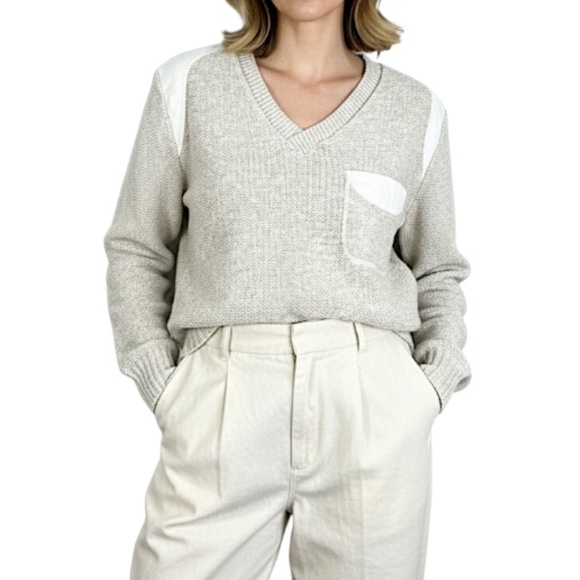 Vintage 80s 90s oatmeal beige shoulder patch v neck pullover tennis sweater XS - Picture 1 of 14